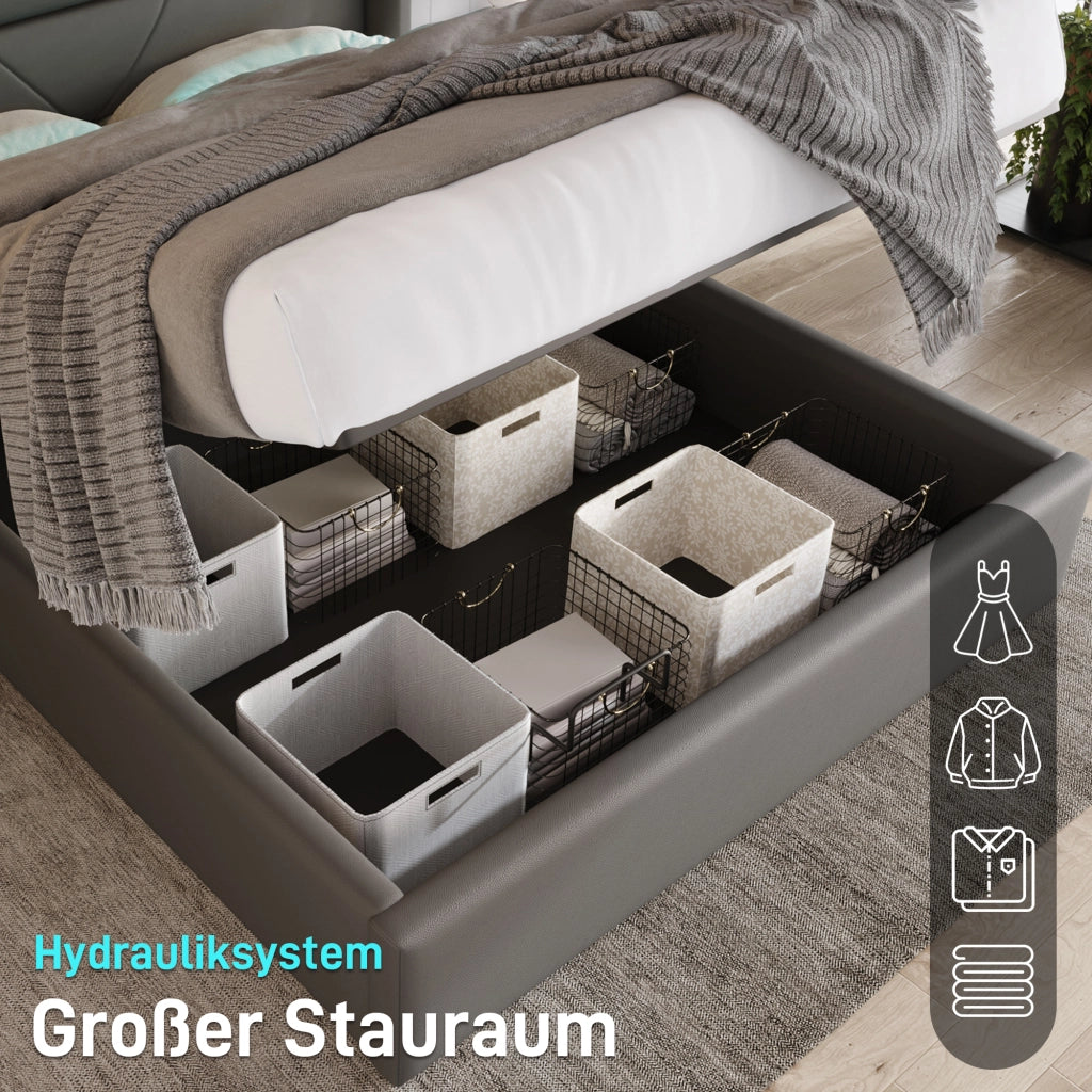 Letto imbottito 140x200 cm con contenitore, LED in PU grigio