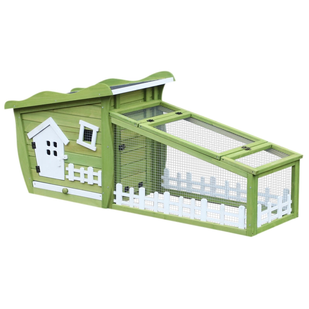 Conigliera con Corsa Vassoio Estraibile e Tetto Impermeabile in Legno Verde Bianco 155x54.5x65 cm