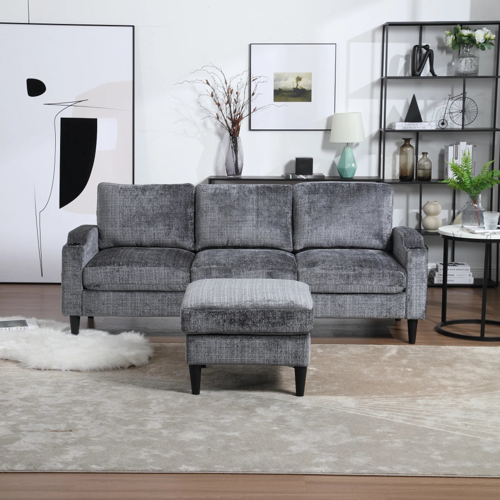 Divano modulare a 4 posti con pouf contenitore in ciniglia grigio con portabicchieri e tasche laterali