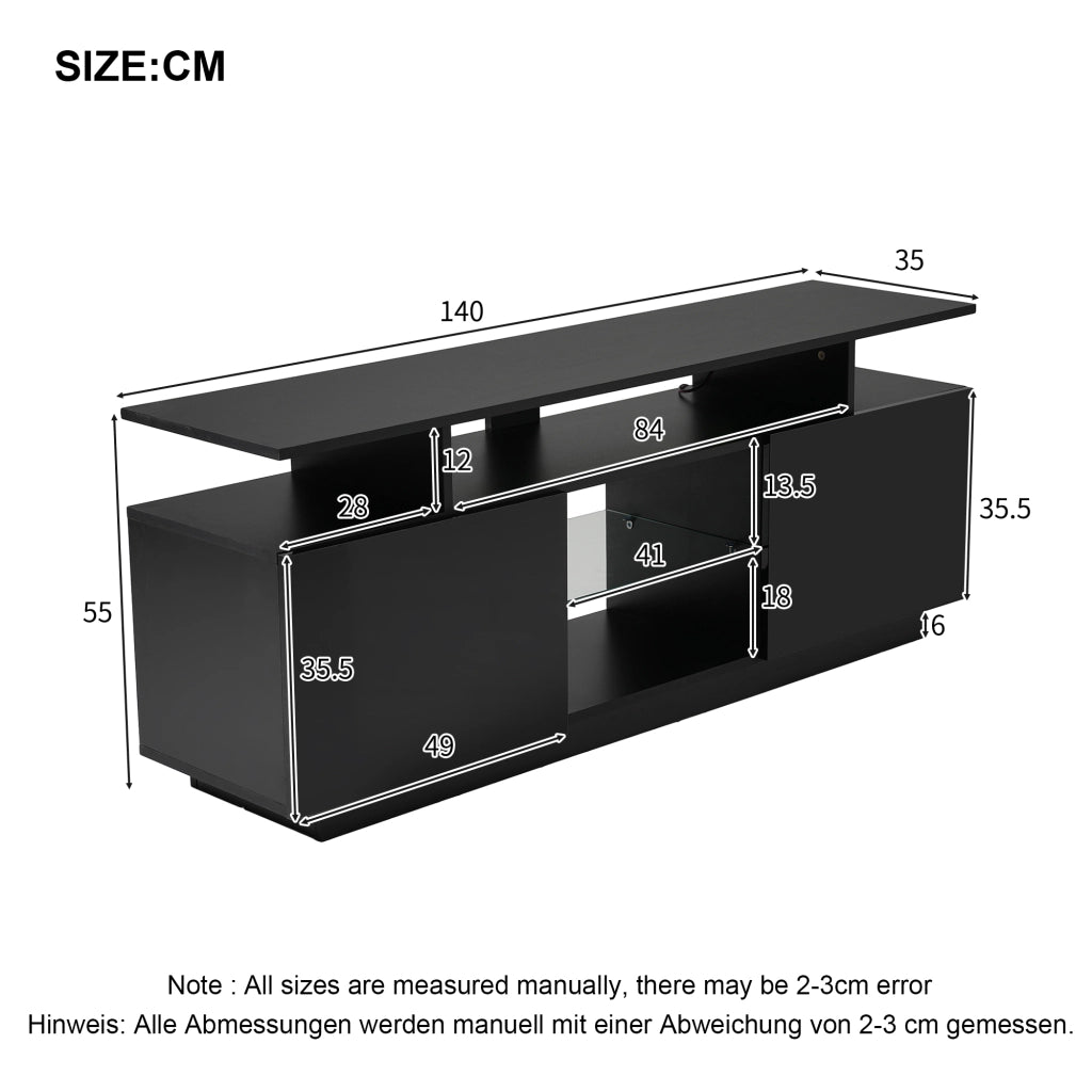 Mobile TV con 2 Ante e 5 Vani Aperti; LED controllato da App; per Soggiorno; in Pannelli di Particelle; 140 × 35 × 55 cm; Nero