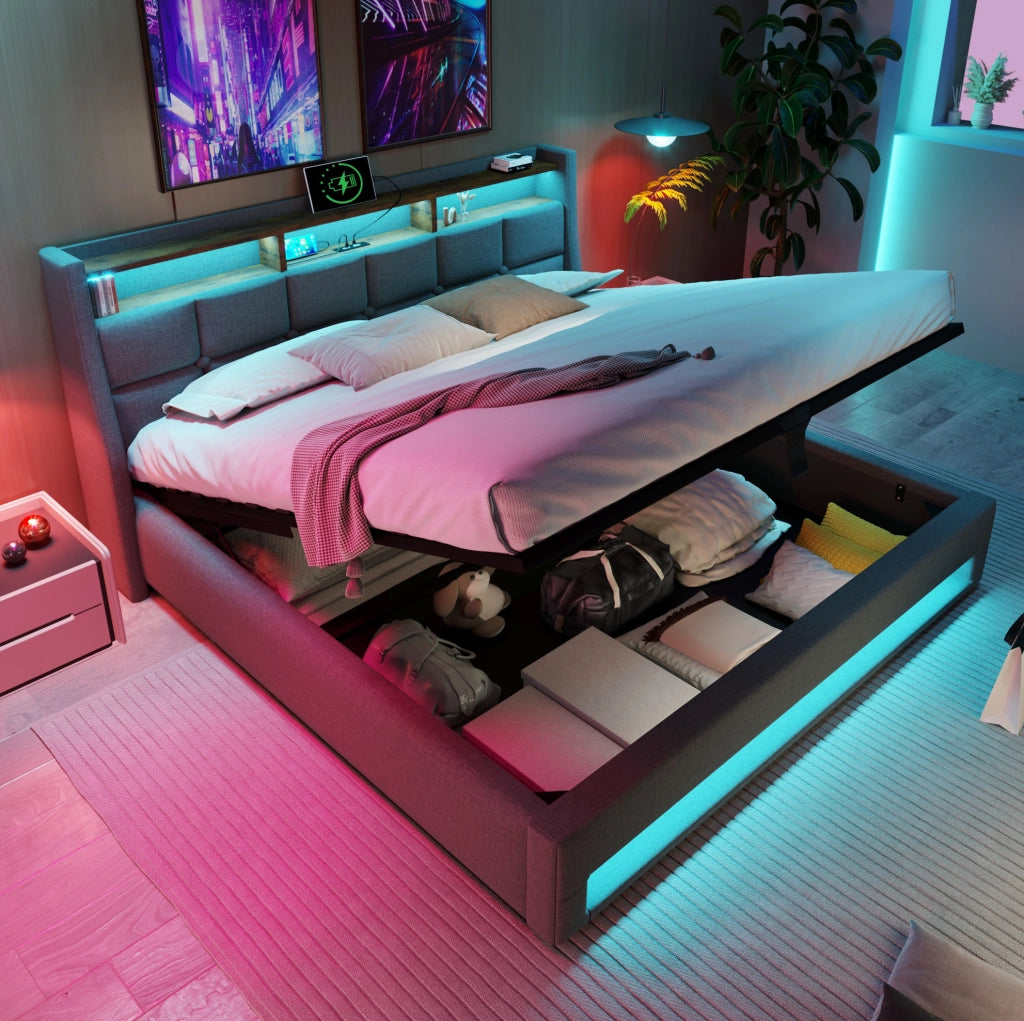 Letto imbottito 160x200 cm con LED, USB e contenitore, grigio