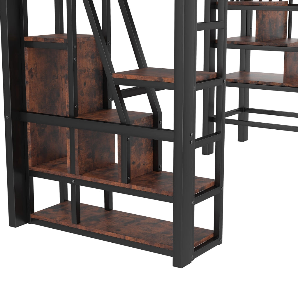 Letto a soppalco 90x200 cm con LED, scaffali e scala in metallo e MDF nero