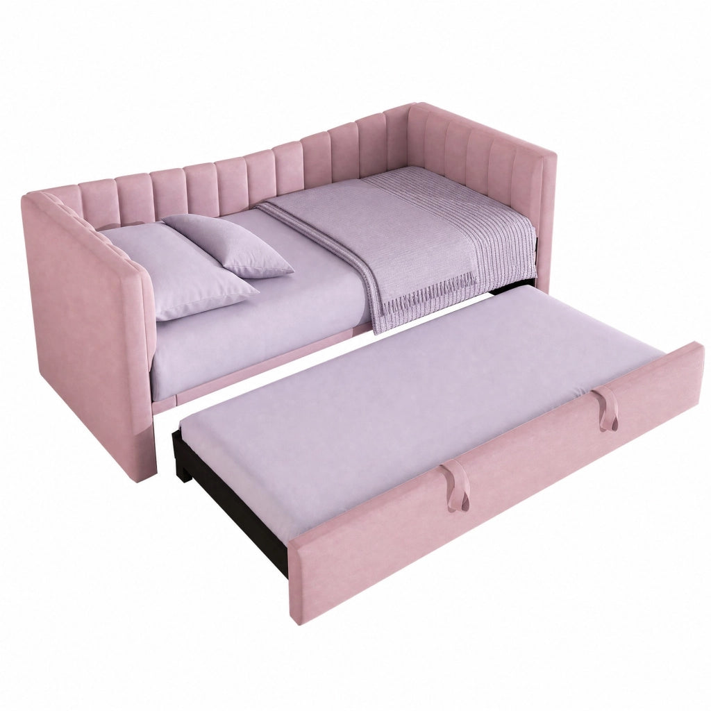 Letto daybed imbottito 90x200 cm con letto estraibile, in velluto rosa