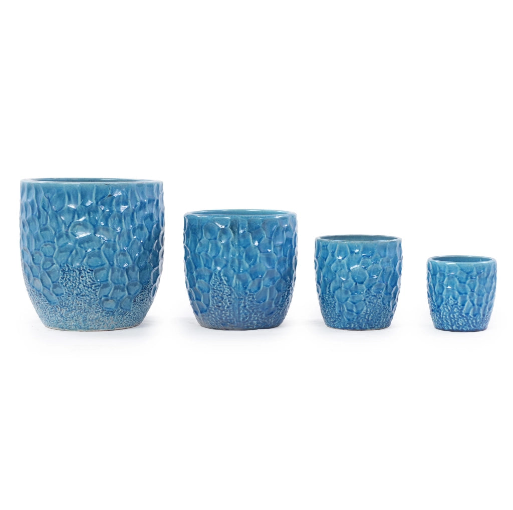 Set di 4 Vasi in Ceramica fatti a Mano, Blu Lucido con Rilievo a Martellatura, Ø38/30/22,5/18 cm, con Foro di Drenaggio, Resistente al Gelo per Interni e Giardino