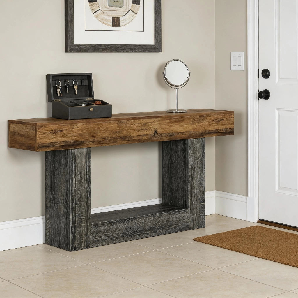 Consolle con ripiano inferiore e piedini regolabili, rustica per ingresso, in MDF, grigio e marrone, 160 cm