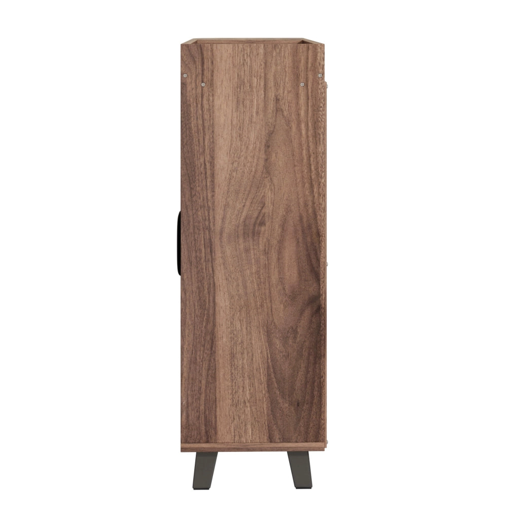 Schmaler Schuhschrank mit Doppeltüren und offenen Fächern, Nussbaumoptik, 80x32x99 cm, platzsparend für Flur und kleine Räume
