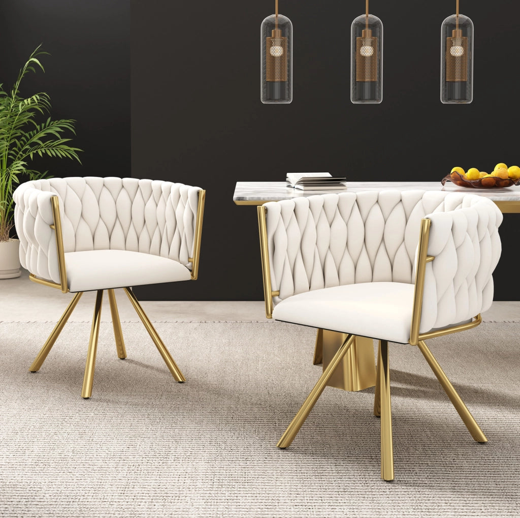 Sedia da pranzo girevole in velluto beige e oro