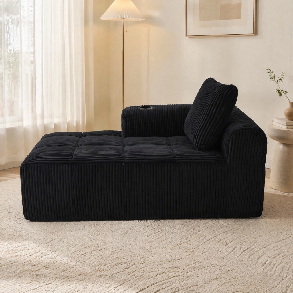 Divano compatto in velluto a coste nero con tasche laterali e portabevande 158 × 93 × 61 cm