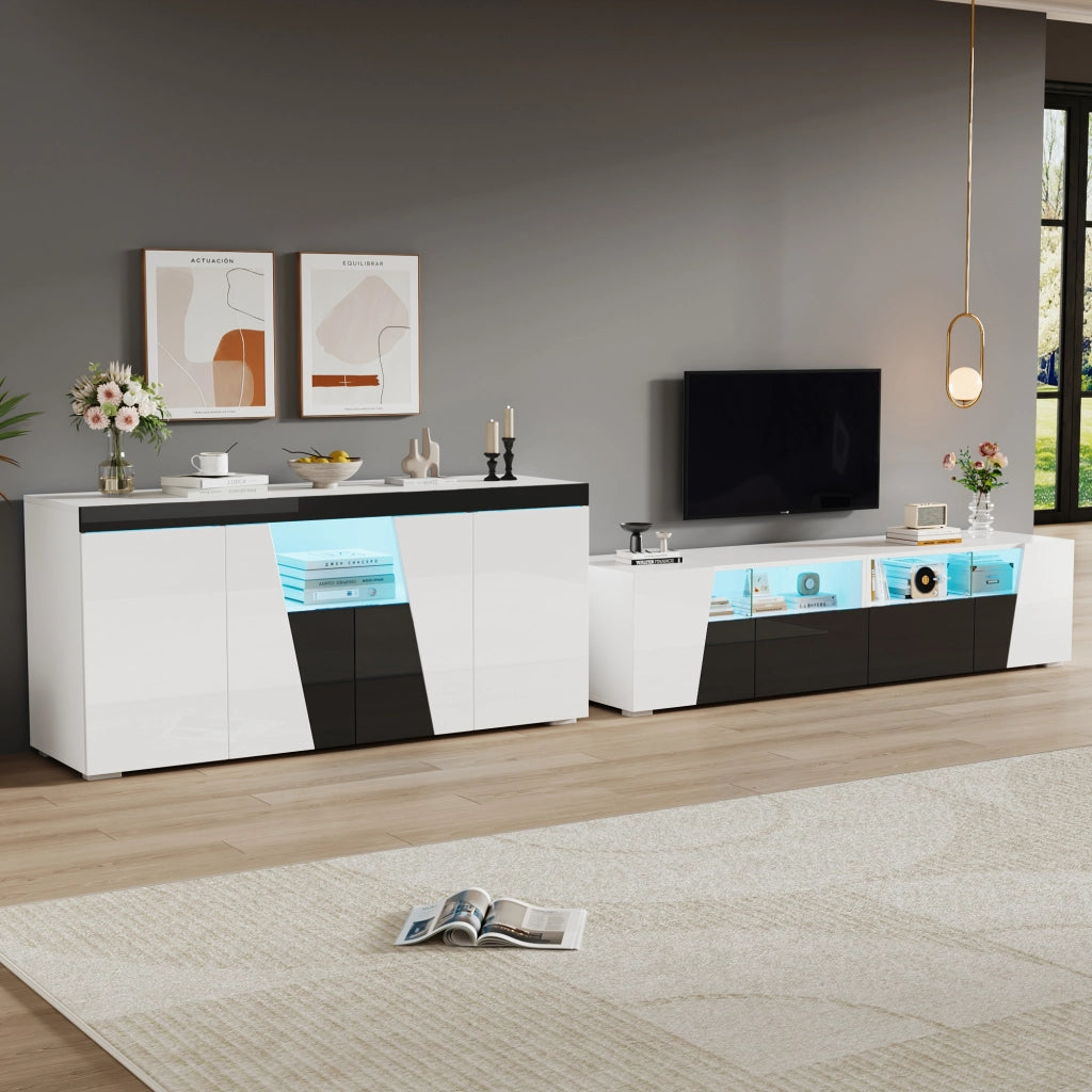 Mobile TV sospeso 180x38;5x45 cm con LED Bluetooth e sideboard 140x40x65 cm; bianco e nero lucido