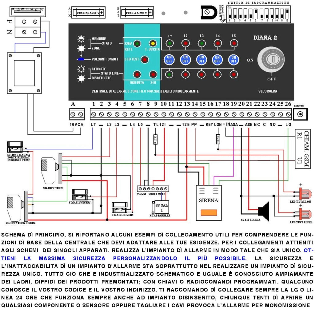 Diana 5 Zone Centrale Allarme Batteria 12 V 7 Ah per Impianto Antifurto Filo 2 Chiavi Meccaniche Gestisce Rilevatori Ingresso Per Comando Remoto o Telegestione Uscita Sirene Combinatore Fumogeni