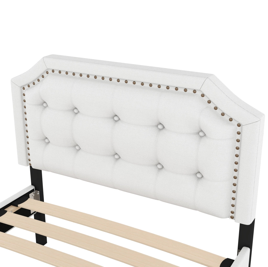 Letto imbottito 90x200 cm in MDF beige chiaro con 2 cassetti e testiera regolabile