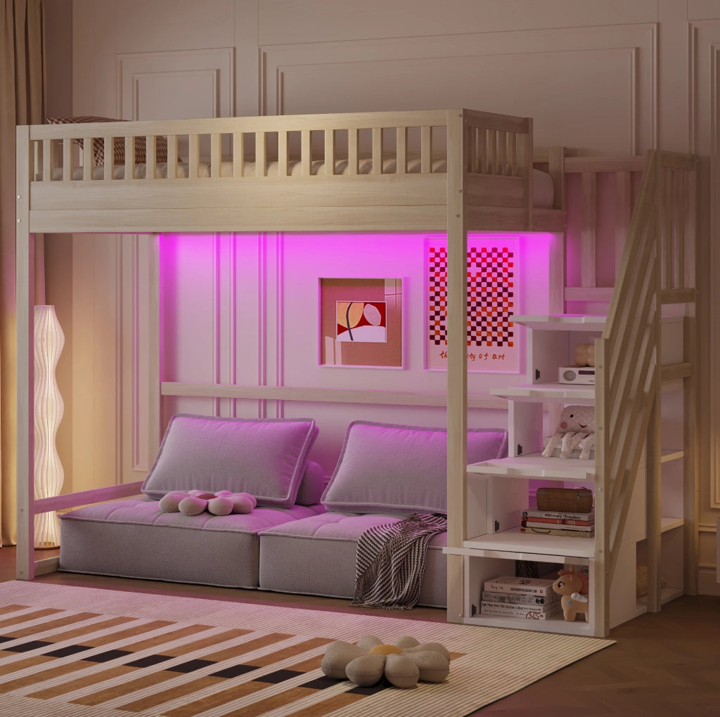 Letto a soppalco 90x200 cm con scala contenitore reversibile e LED in pino, compensato e MDF