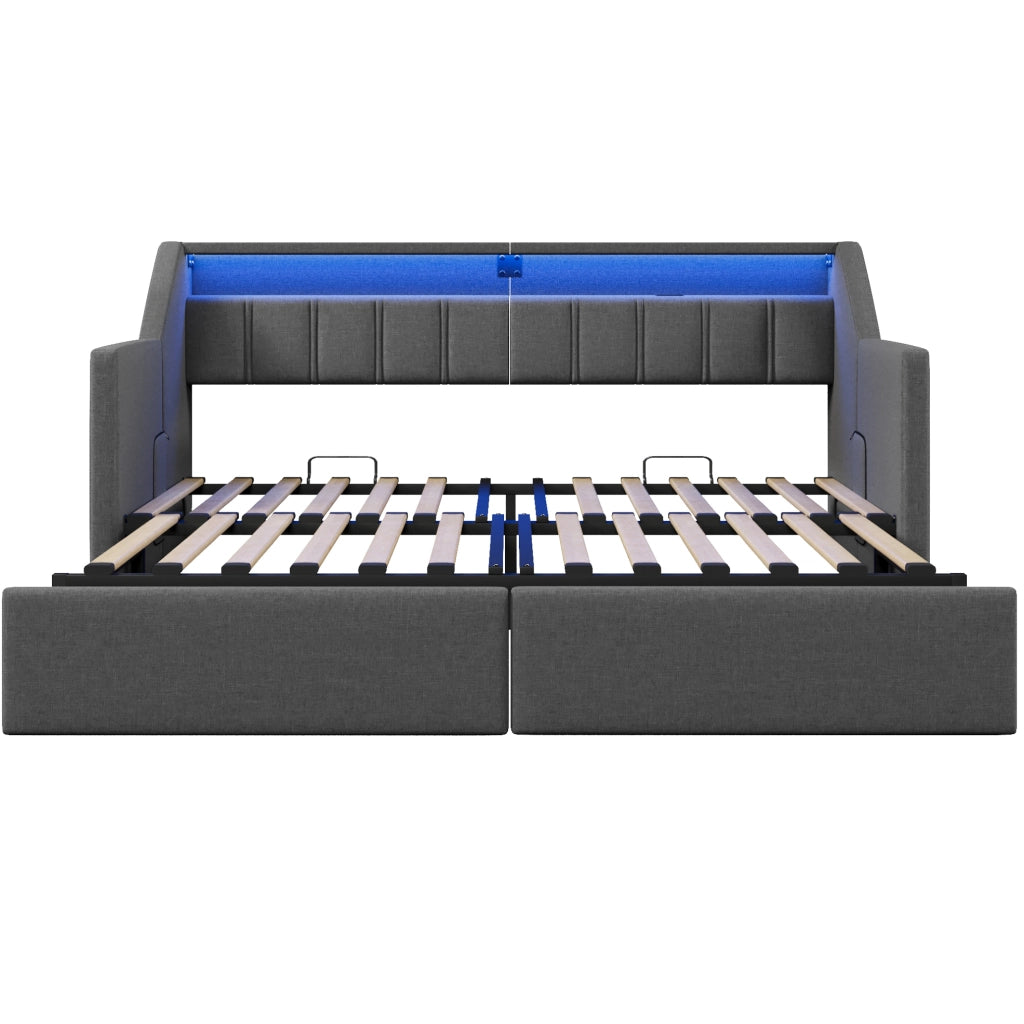 Letto giorno multifunzionale 90x200 cm in lino grigio con USB; Type-C; LED e 2 cassetti