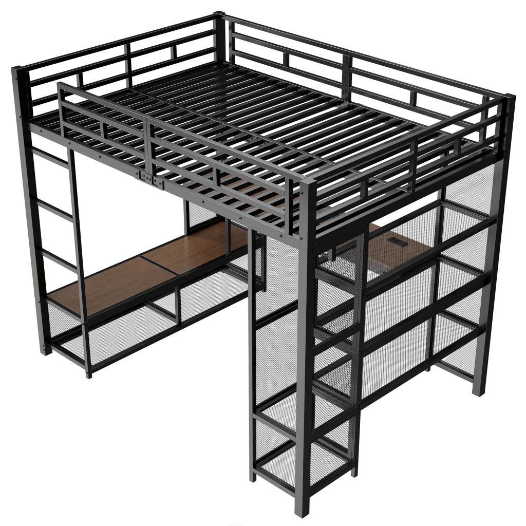 Letto a soppalco 140x200 in metallo nero con scrivania e luci LED