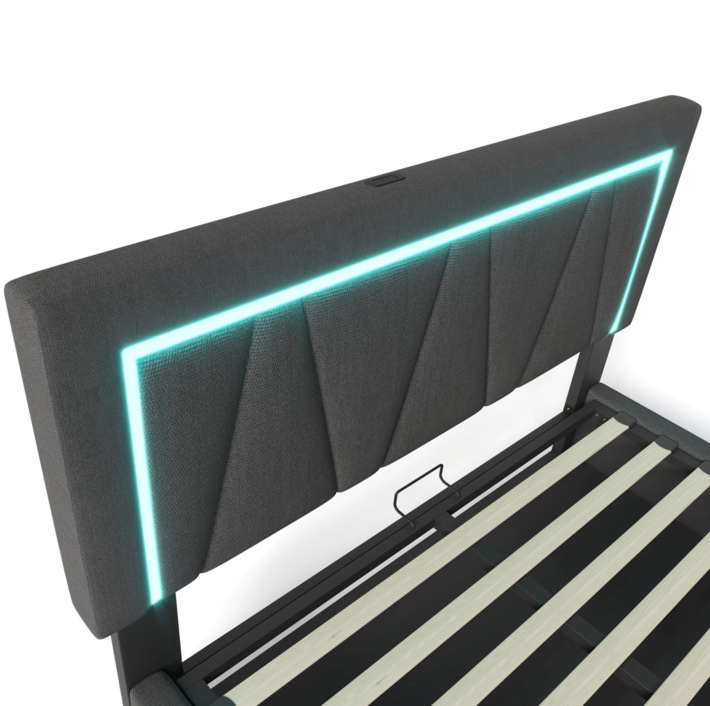 Letto 140x200 cm con contenitore, LED, USB e USB-C in lino grigio