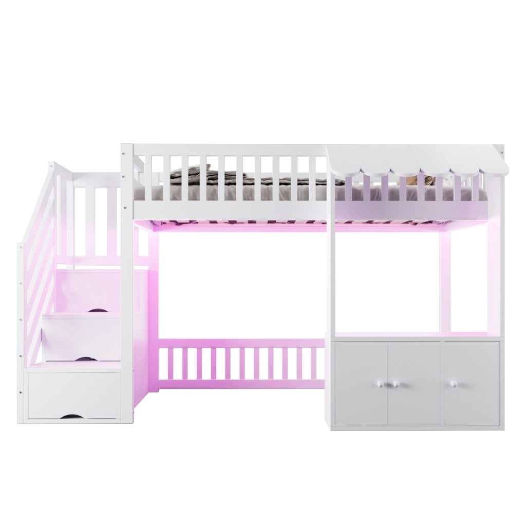 Letto a soppalco 90 × 200 cm 1 posto con scala contenitore; LED multicolore e spazio gioco; senza materasso