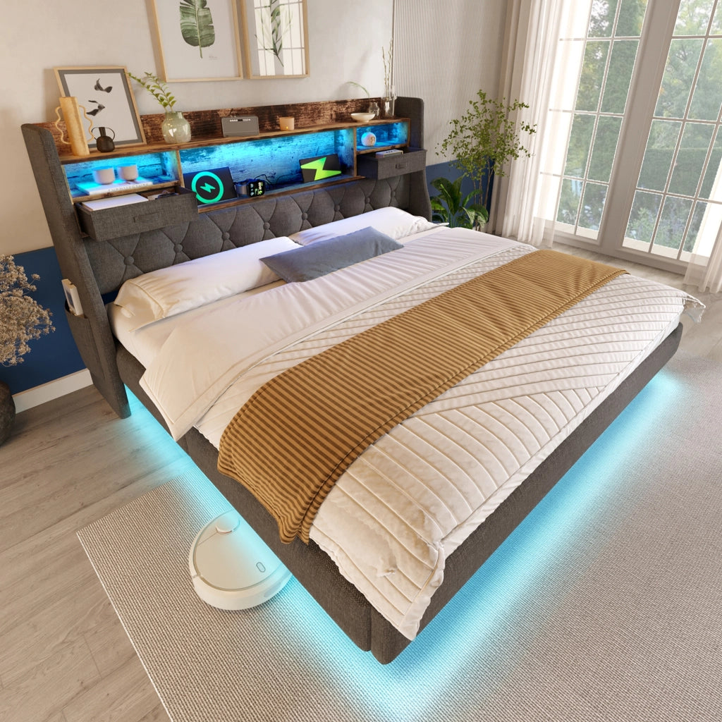 Letto contenitore 140 ¡Á 200 cm con materasso sollevamento idraulico LED USB e Type-C velluto grigio