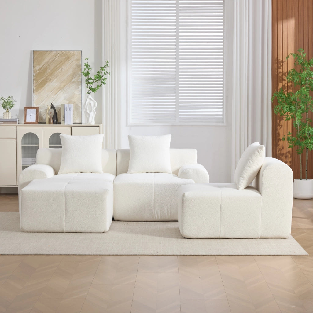 Divano modulare angolare 3 posti con 4 moduli combinabili in tessuto di velluto a coste e memory foam avorio