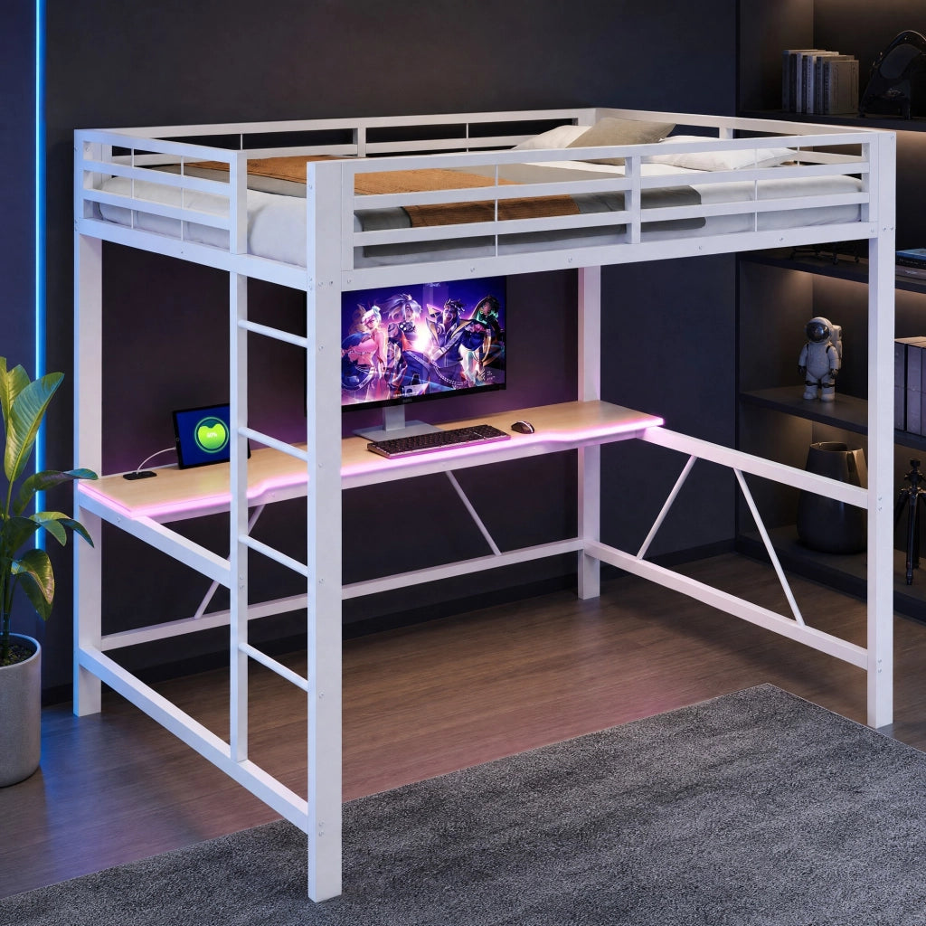 Letto a soppalco 140 × 200 cm con scrivania LED e ricarica USB in metallo e MDF bianco