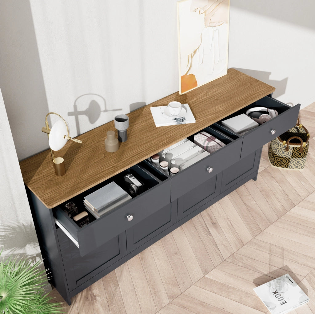 Credenza rustica da 160 cm con 3 cassetti; 4 ante e ripiani regolabili; nero grigio e legno
