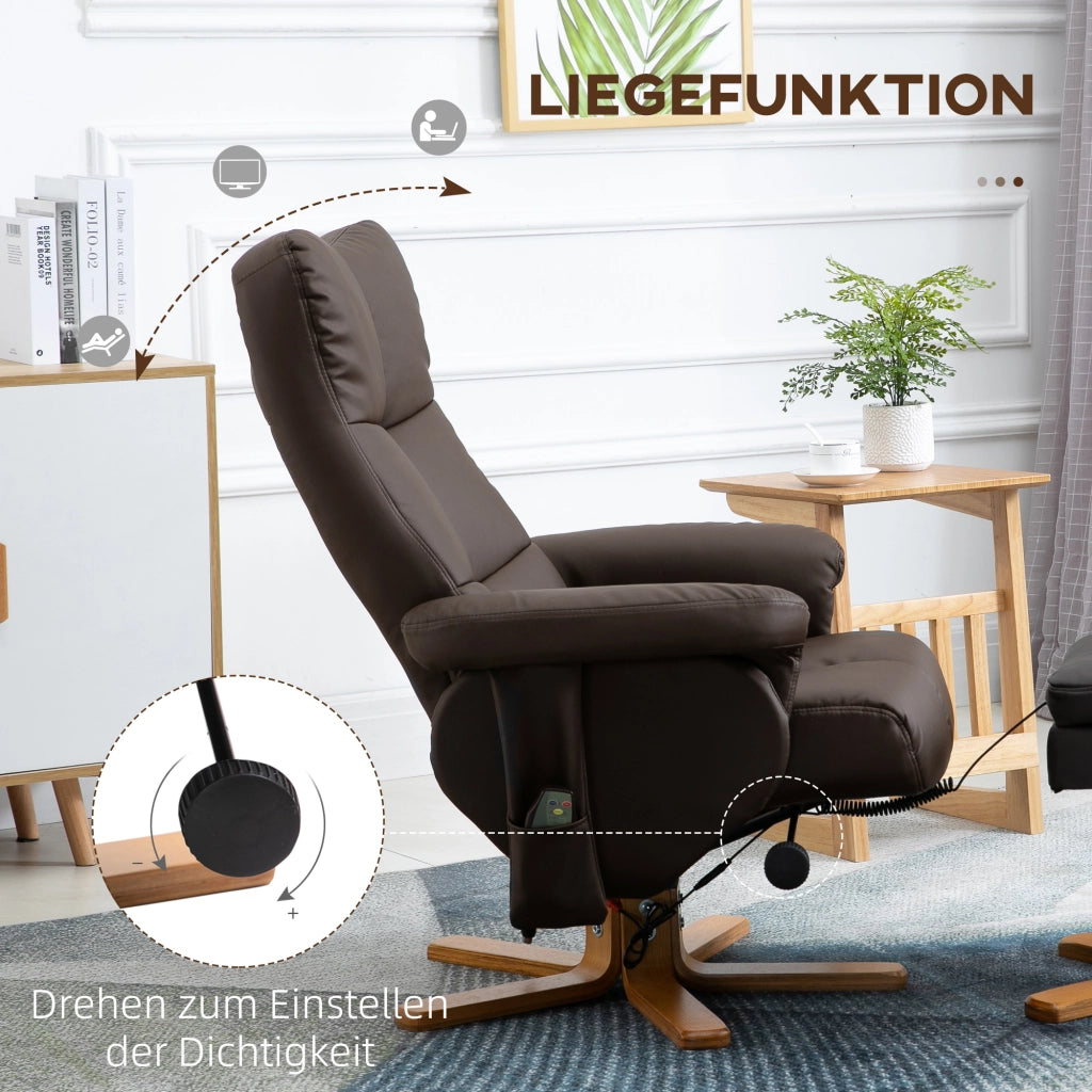 Poltrona relax con pouf e massaggio; reclinabile a 145° e girevole 360°; in similpelle marrone