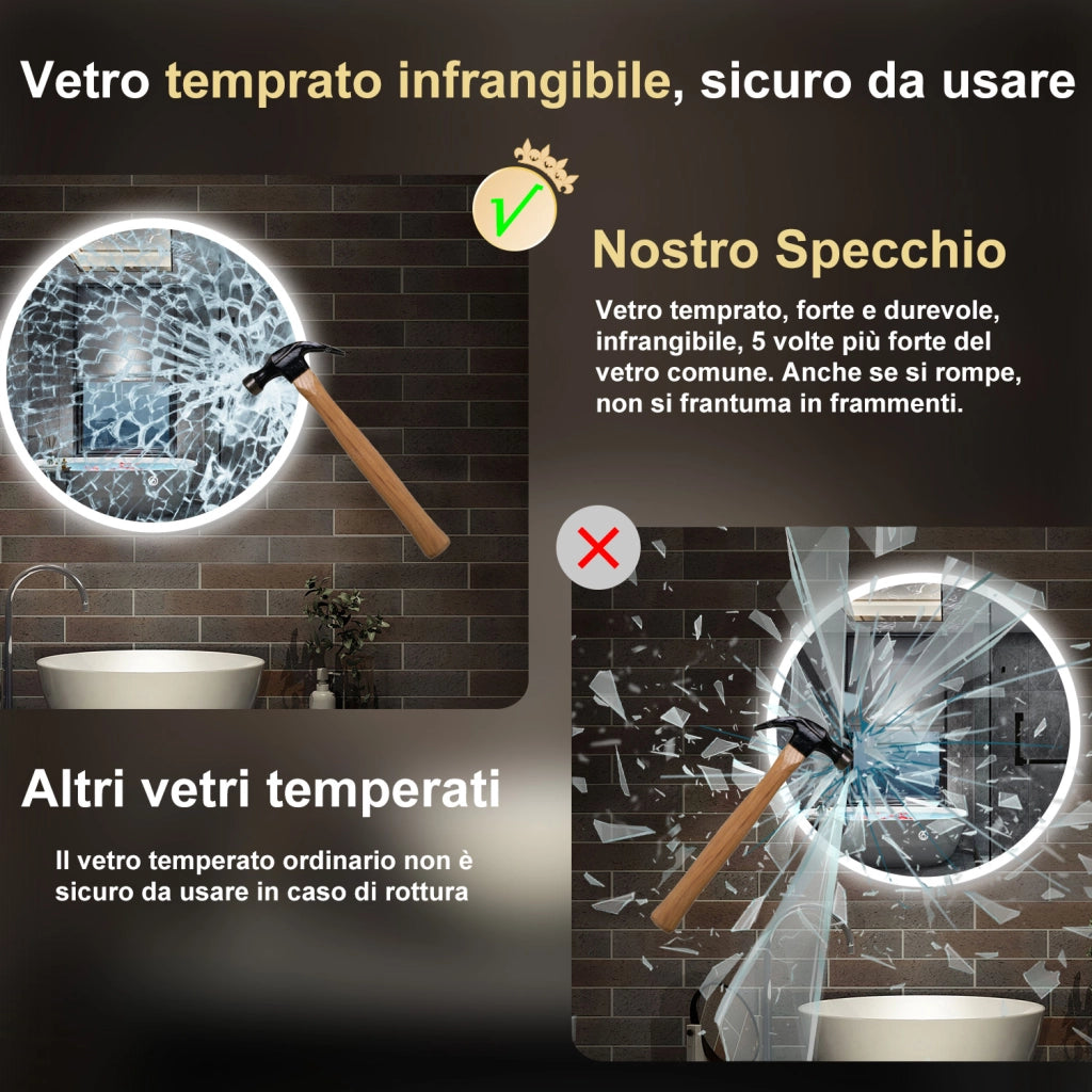 specchio 80 cm rotondo con luce led antiappannamento e touch