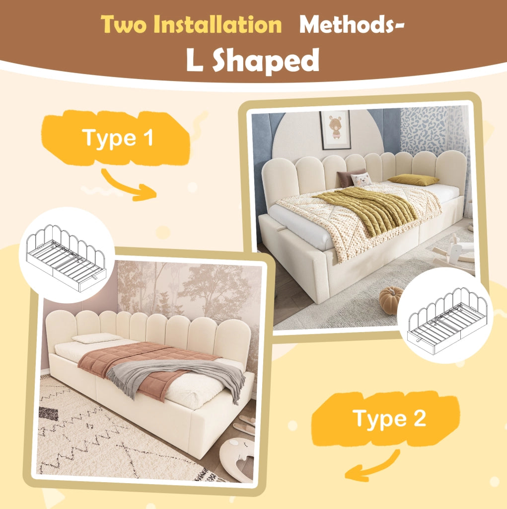 Letto Giorno Poltrona 90x190 cm in Velluto Beige con Contenitore Idraulico e Rete in Metallo per Bambini, Senza Materasso
