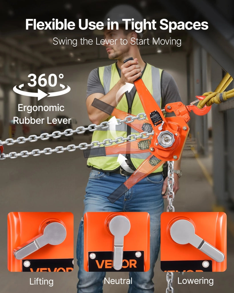 Paranco a Catena Manuale a Leva HSH6.0T, Capacità 6000 kg, Catena Acciaio G80 Sollevamento 6 m, Robusto ed Ergonomico per Officina Garage