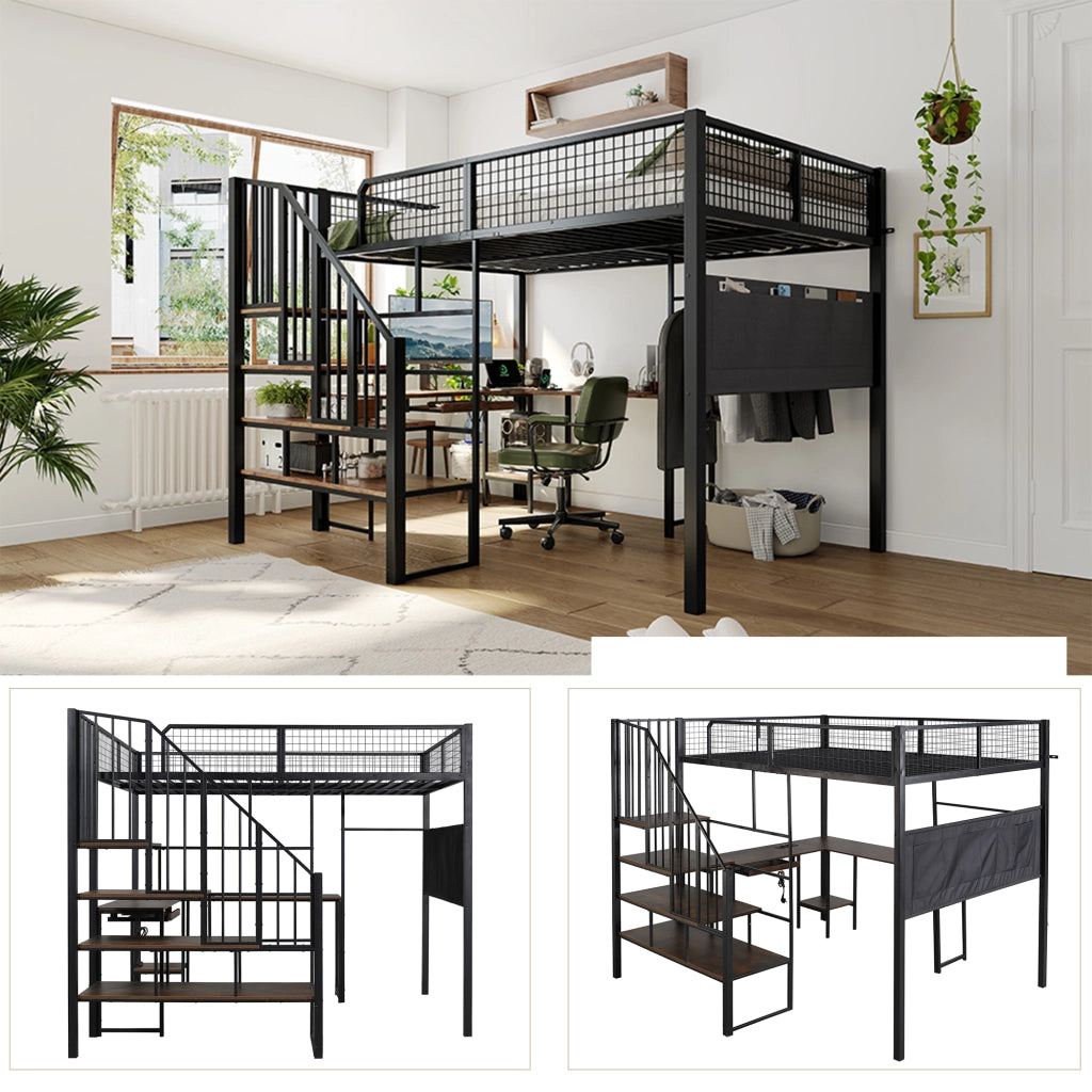 Letto a soppalco 2 posti 140 x 200 cm con presa, scrivania d'angolo in L e mensola tastiera, letto matrimoniale con tasca laterale, rete inclusa, nero