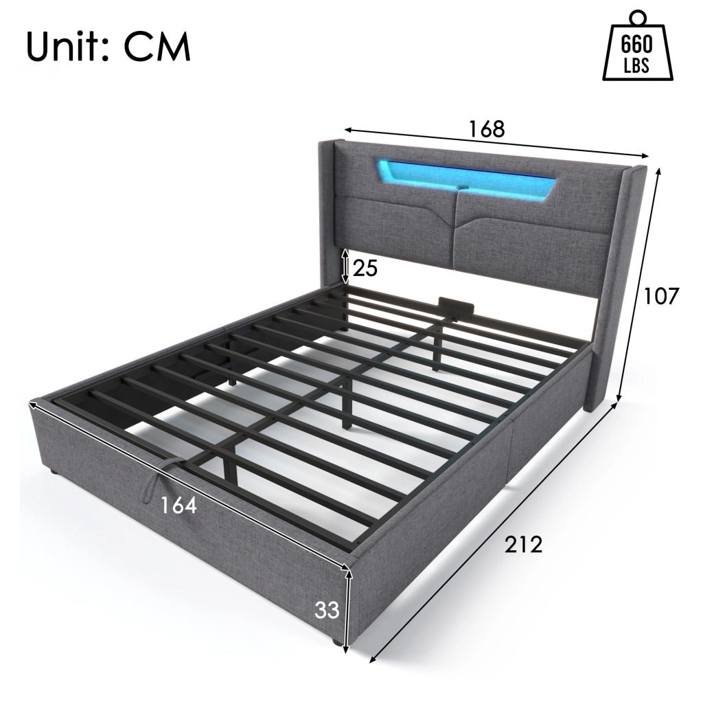 Letto contenitore 160x200 grigio con LED, USB e Type-C