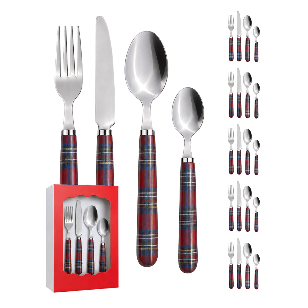 Set 24 Posate in Acciaio Inox con Manico Tartan Rosso, Servizio per 6 Persone con Forchette Coltelli Cucchiai e Cucchiaini, Lavabili in Lavastoviglie, Scatola Regalo