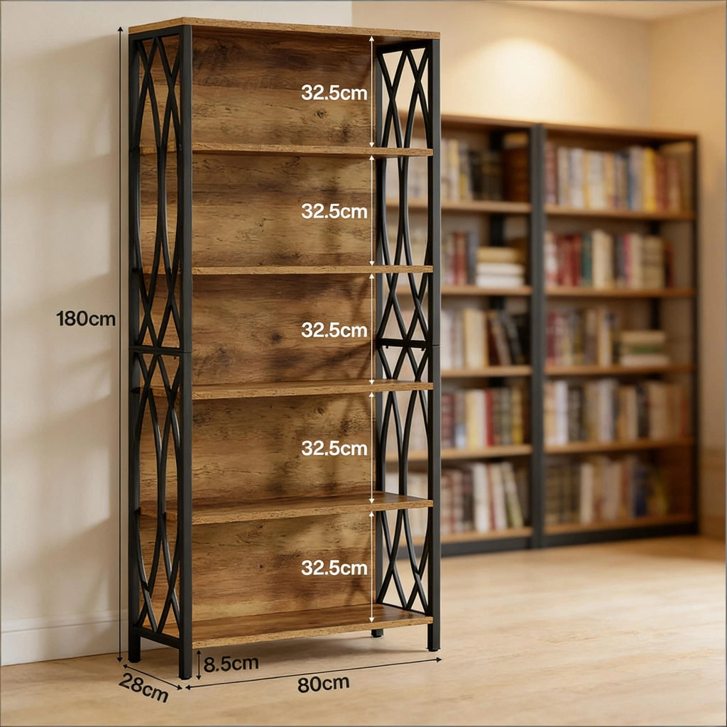 Libreria industriale nera e marrone con decorazione a rami, 180 cm