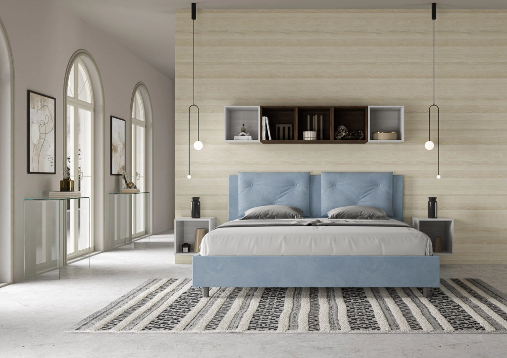 BS COM Letto matrimoniale king size senza rete imbottito 170x200 microfibra azzurro