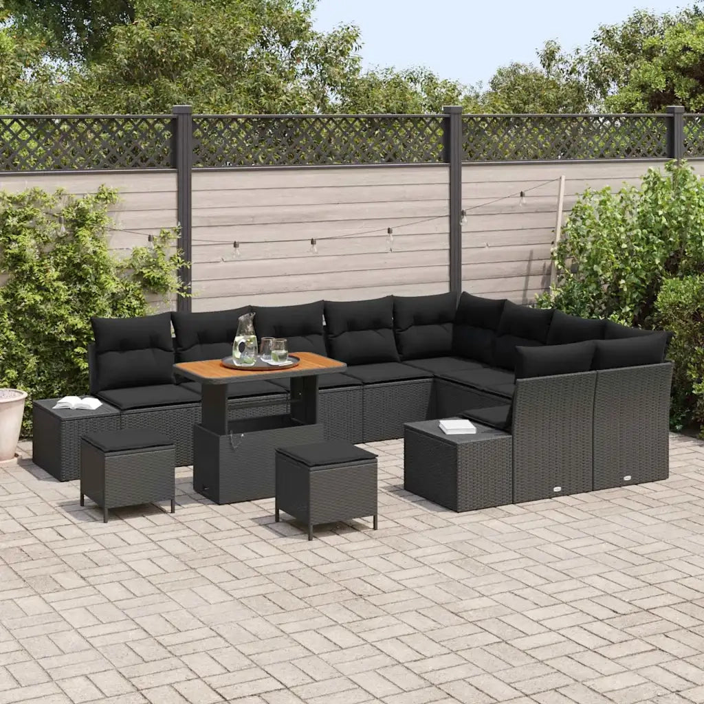Set Divano da Giardino con cuscino 12 pcs Nero Poly Rattan