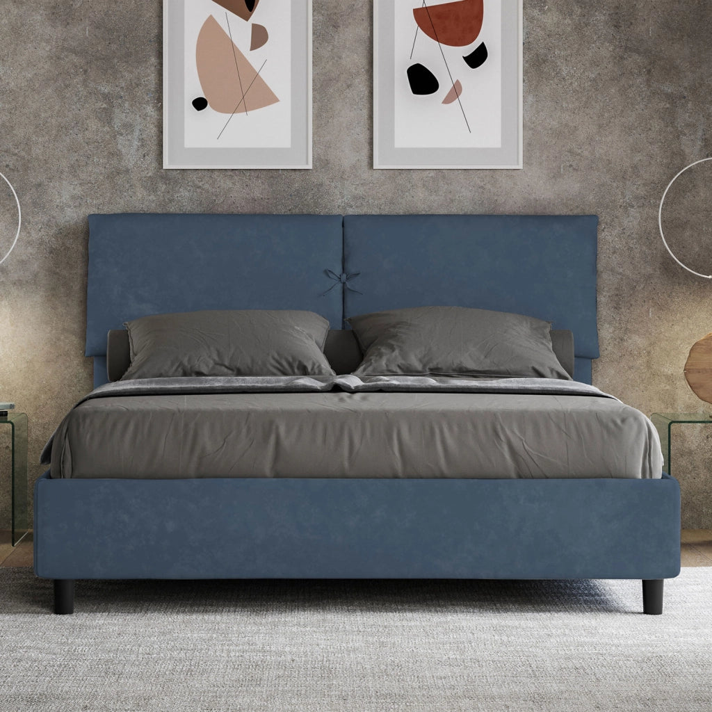 BS COM Letto matrimoniale contenitore imbottito 160x210 microfibra blu
