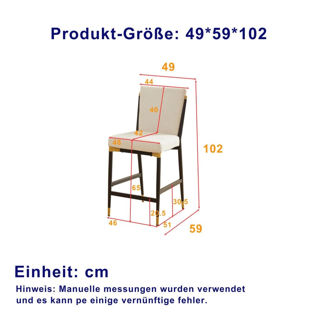 Set di 2 sgabelli da bar in stile scandinavo con poggiapiedi rettangolare, seduta in tessuto beige e struttura metallica