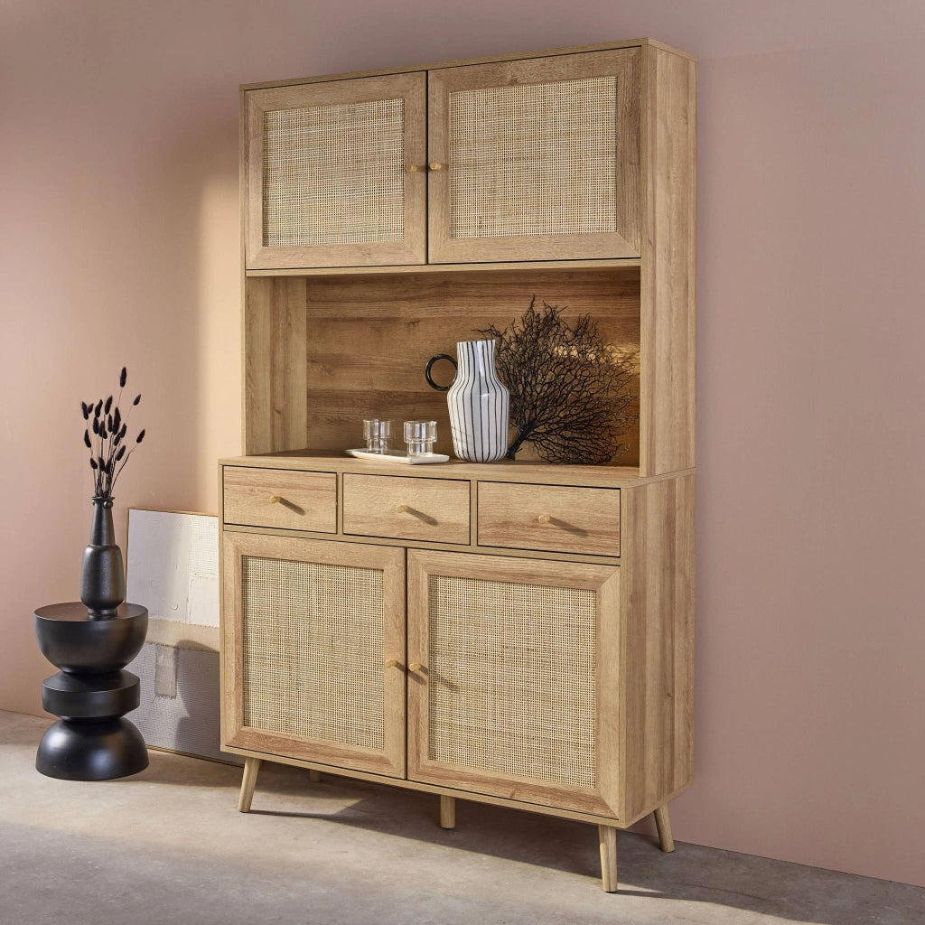 Credenza decorazione in legno e cannage 4 ante e 3 cassetti, 110cm,