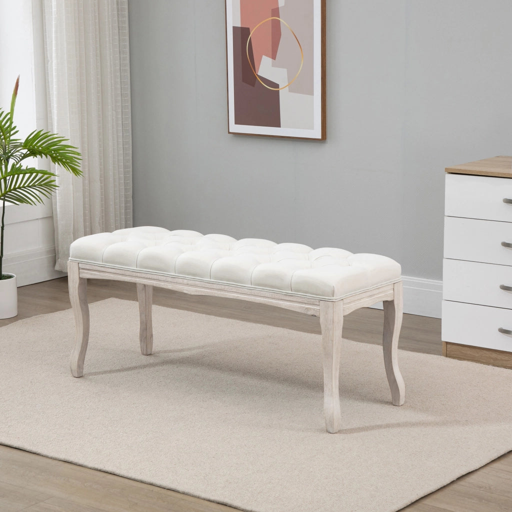 Panca Fondoletto Vintage con Seduta Imbottita in Tessuto e Gambe in Legno, 110x40x48cm, Beige