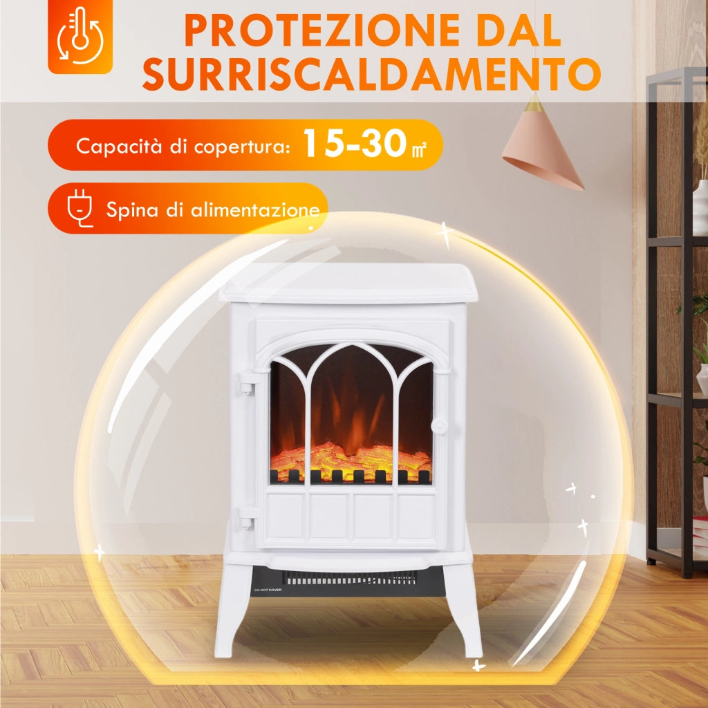 Camino da Terra Elettrico Potenza 1000W / 2000W con Effetto Fiamma Regolabile, 39x23x56.5cm, Bianco
