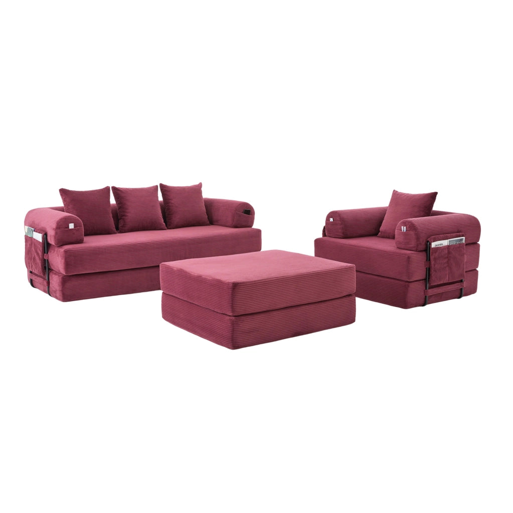 Set divano modulare in velluto a coste con pouf; rosso vino