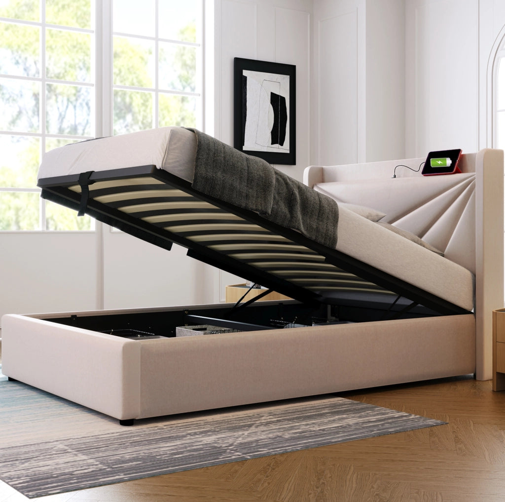 Letto 90x200 cm con contenitore, USB e USB-C, rivestimento in cotone e lino beige