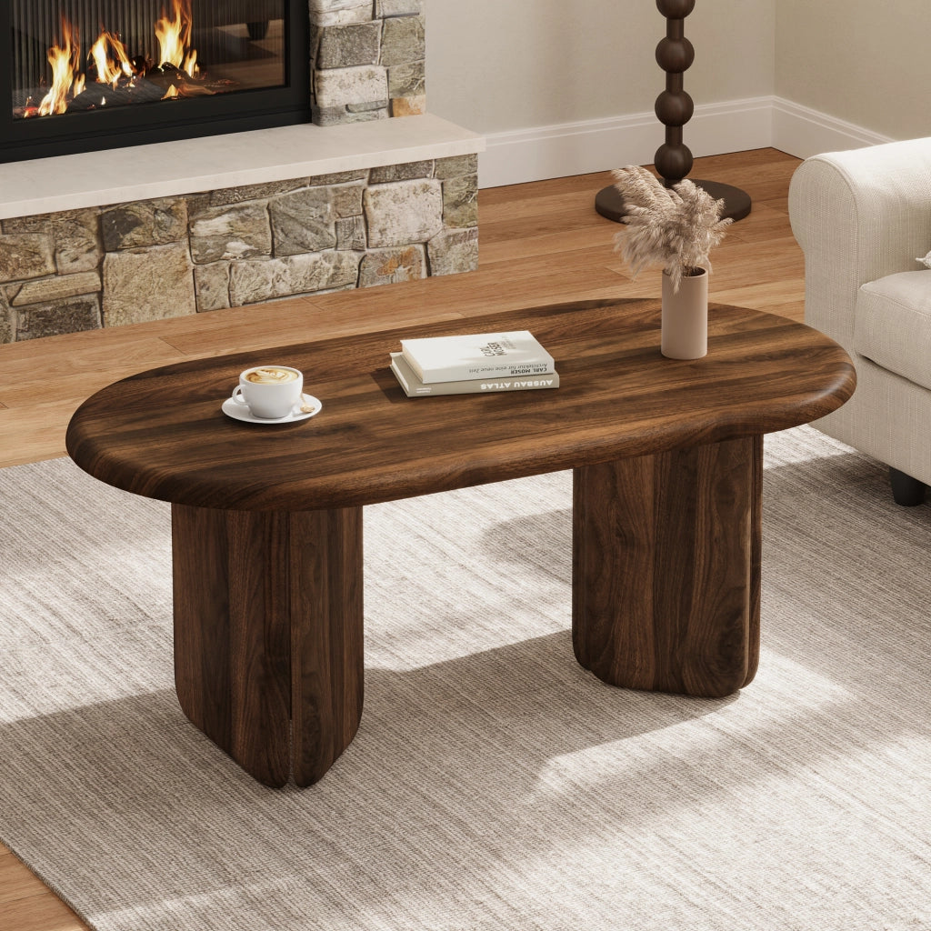 Tavolino da salotto ovale con gambe arrotondate, stile moderno, per soggiorno, in MDF color noce, 99 × 50 × 40 cm