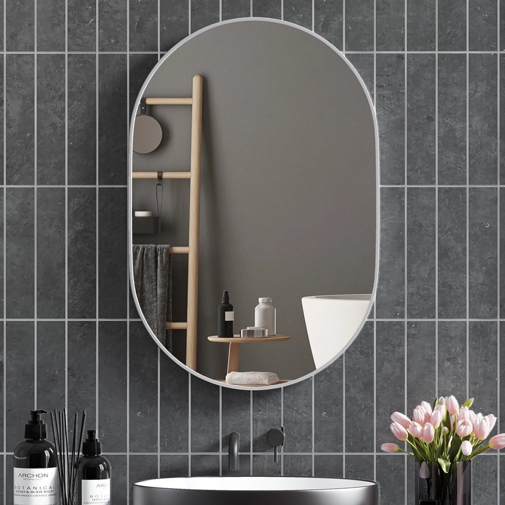 Specchio da Bagno Ovale con Cornice in Alluminio ¨C Minimal ¨C Argento 60x90 cm