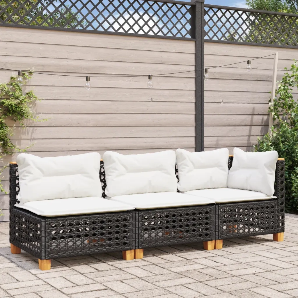 Divano da Giardino a 3 Posti con Cuscini Nero in Polyrattan 365941