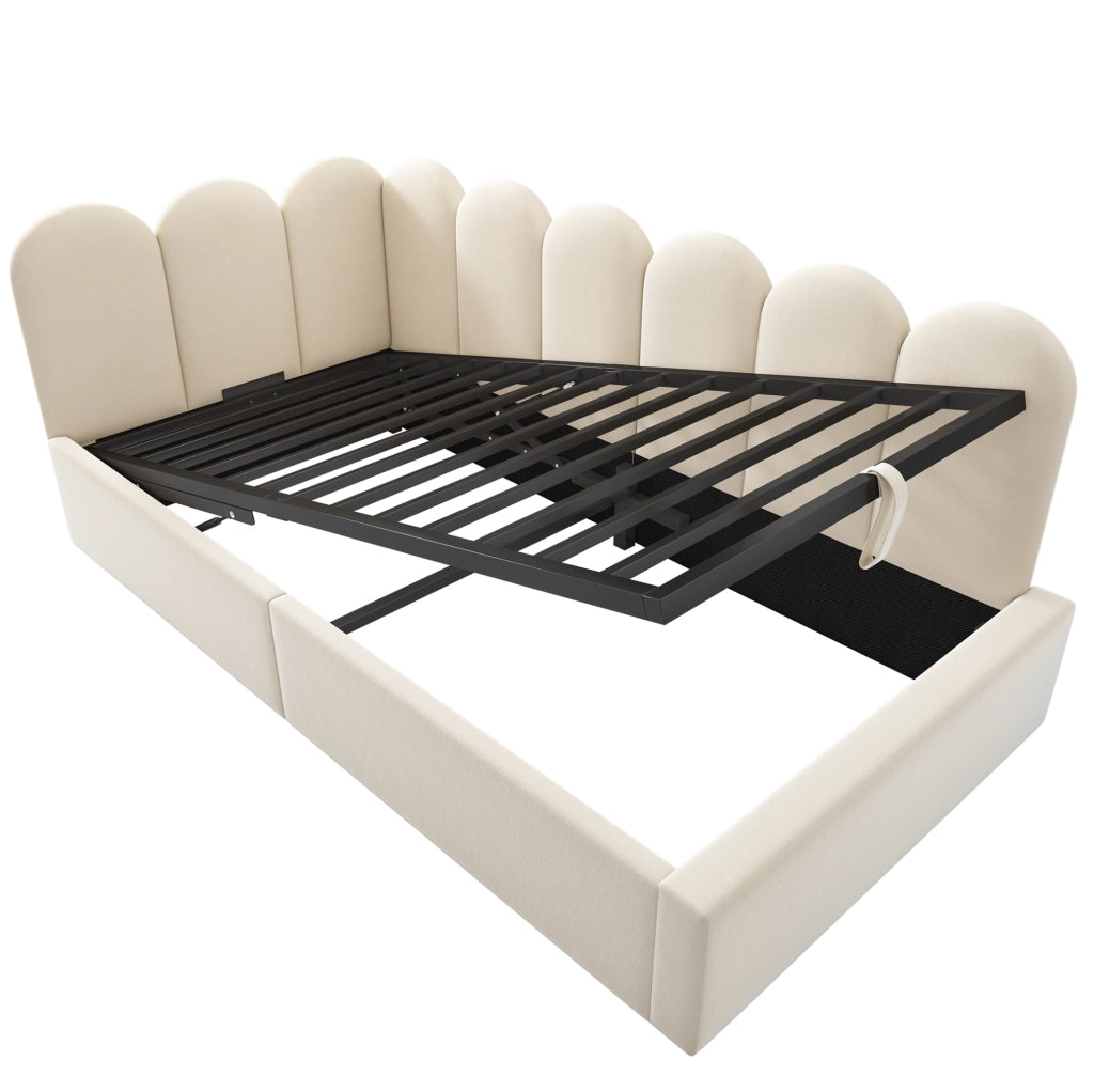 Letto Giorno Poltrona 90x190 cm in Velluto Beige con Contenitore Idraulico e Rete in Metallo per Bambini, Senza Materasso
