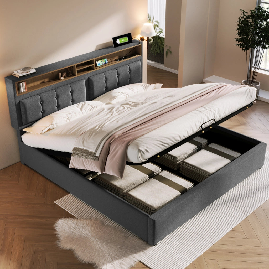 Letto contenitore matrimoniale 160 × 200 cm con presa USB e Type-C, testiera regolabile, contenitore integrato, grigio