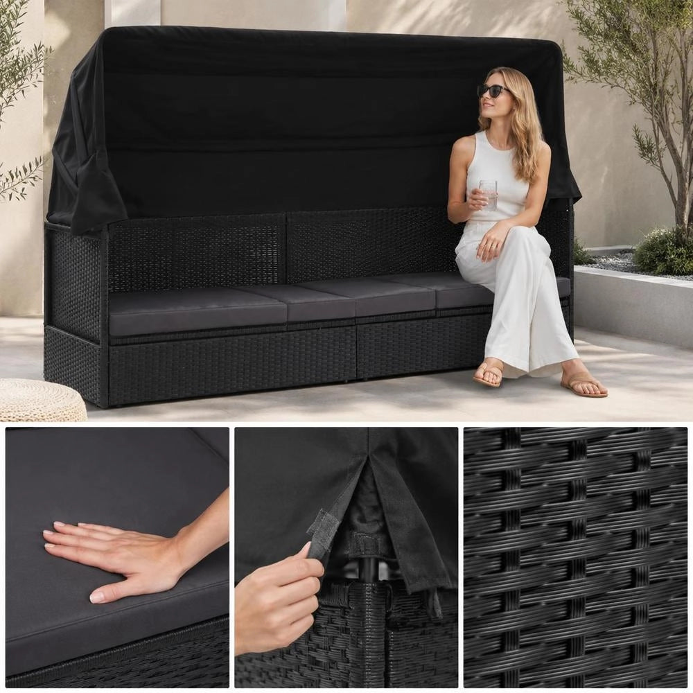 Outdoor Sofa Bed With Canopy, Poly Rattan, Black
