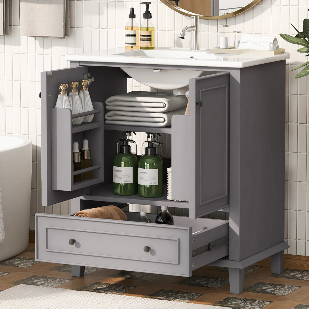 Mobile bagno da terra 76x46x87 cm con lavabo in ceramica integrato, gambe in legno massello, verniciatura completa, resistente a umidità e acqua, grande spazio contenitivo, grigio