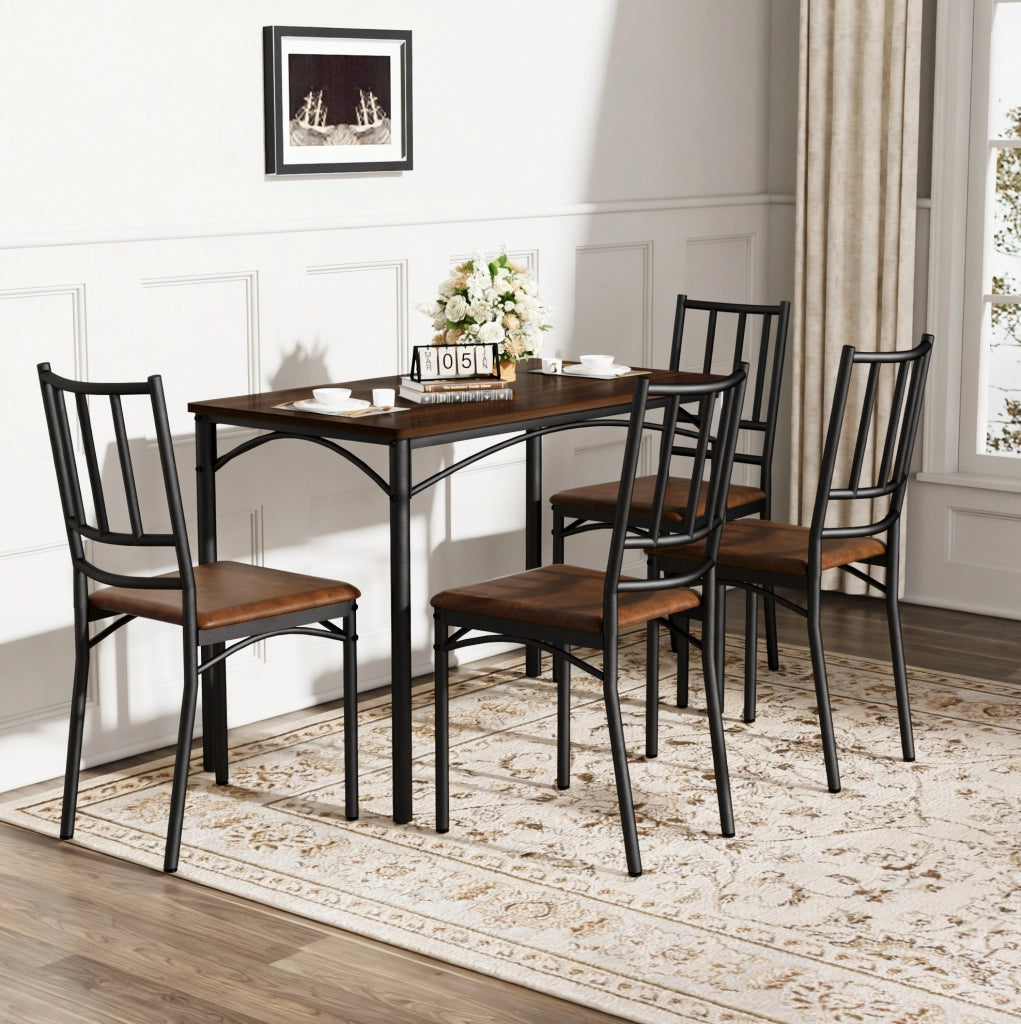 Set tavolo da pranzo con 4 sedie, stile industriale, finitura noce, per cucina e soggiorno