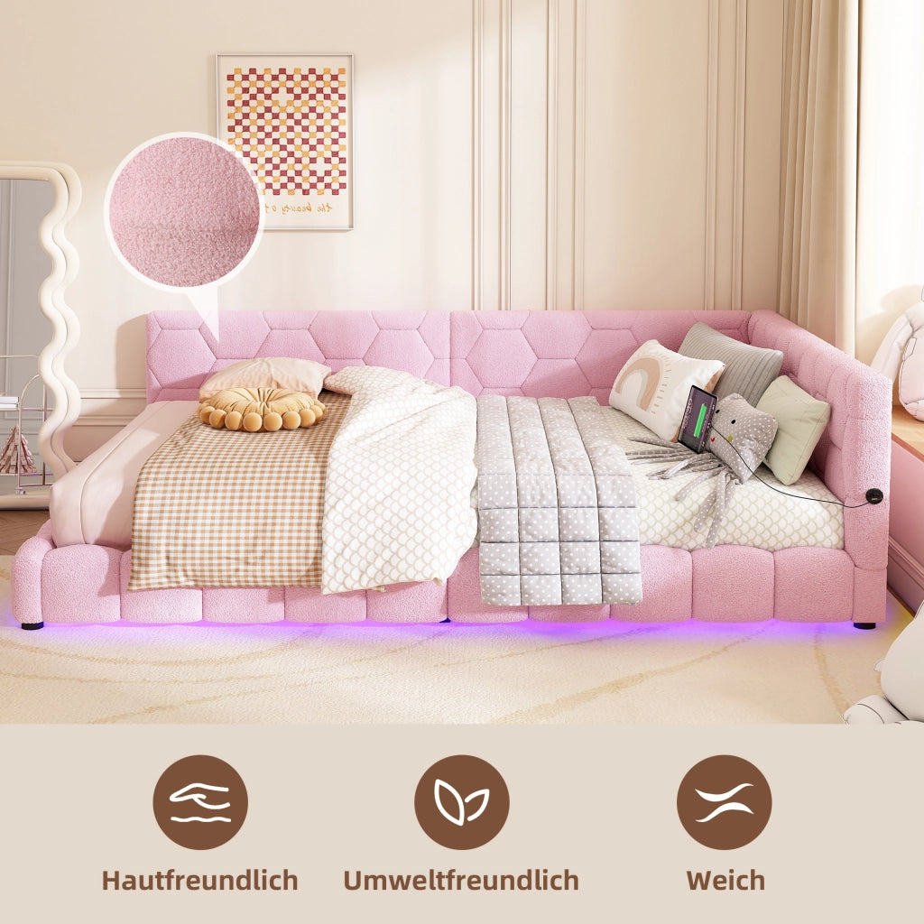Letto matrimoniale 140×200 cm con LED; USB; Type-C e rete; senza materasso; velluto; rosa